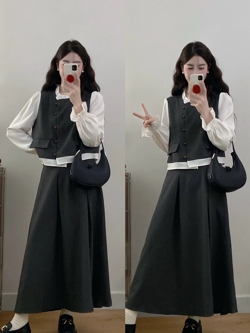 大码女装秋季新款韩版复古气质套装胖mm设计感撞色上衣+半裙6011
