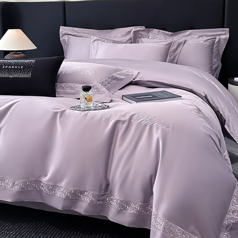 水星.家纺高端A类长绒棉四件套纯棉全棉床单被套刺绣裸睡床上用品