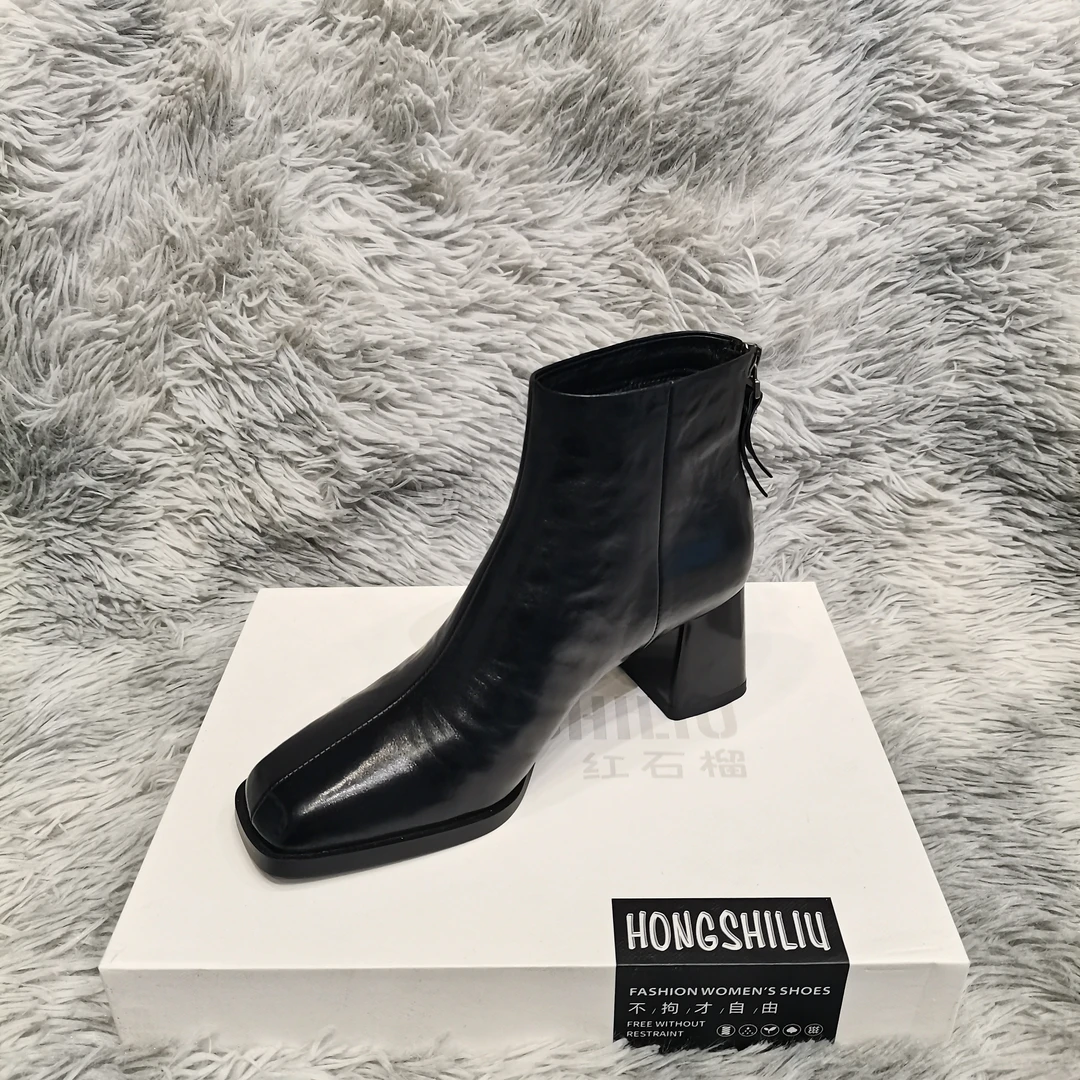 牛皮绒里粗跟秋短靴防滑方头法式复古港风冬优雅风后拉链秋冬