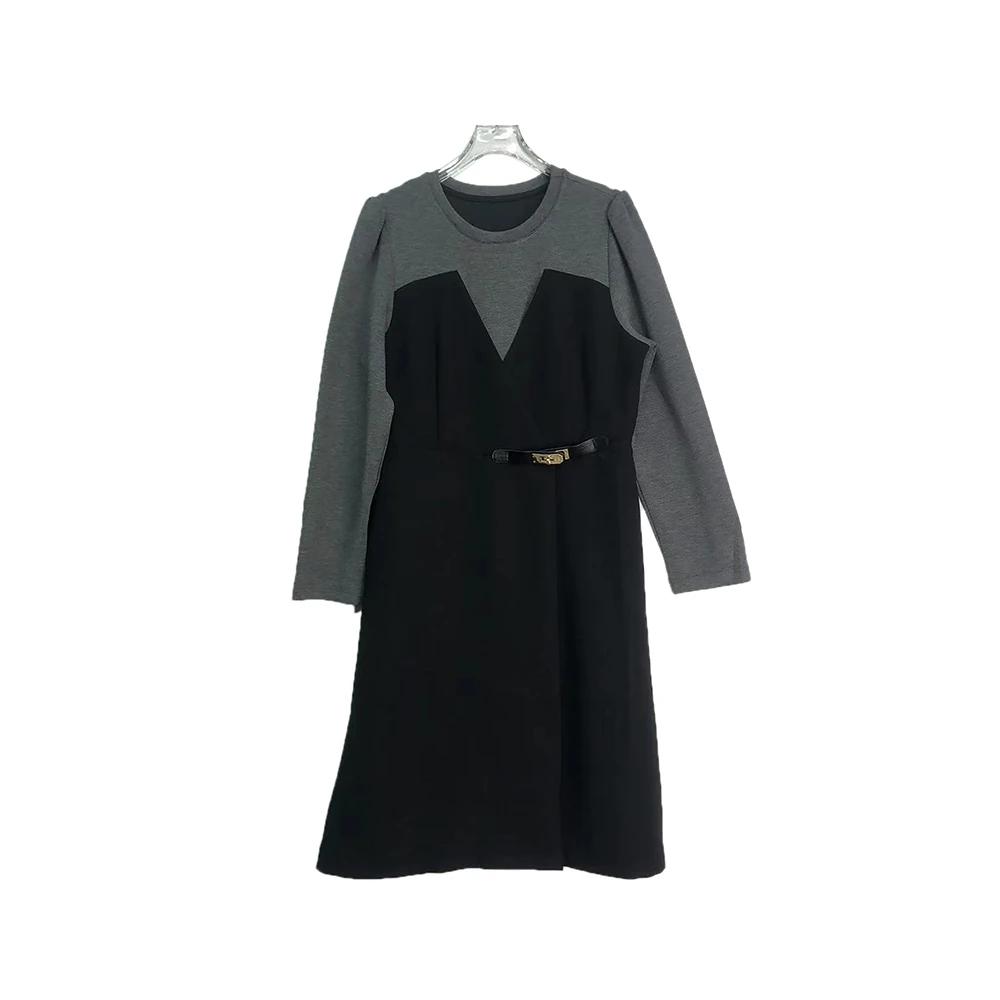 E2829时尚圆领黑色拼色收腰显瘦连衣裙