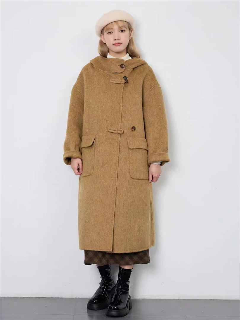 航邦祺韩系高级设计感牛角扣连帽羊毛大衣BQK2439/ck