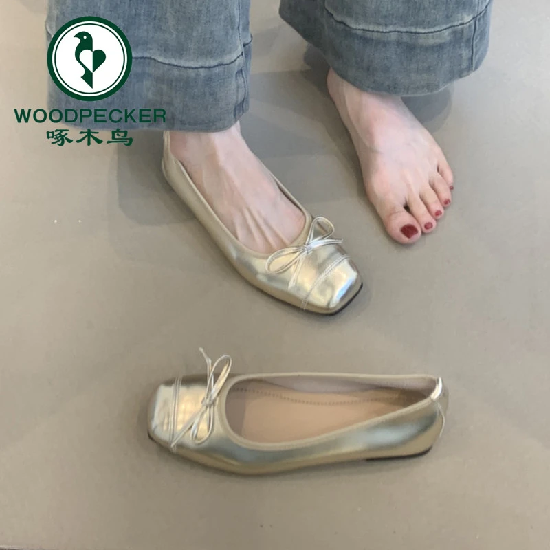 啄木鸟法式小香风蝴蝶结浅口芭蕾单鞋女百搭方头温柔平底奶奶鞋