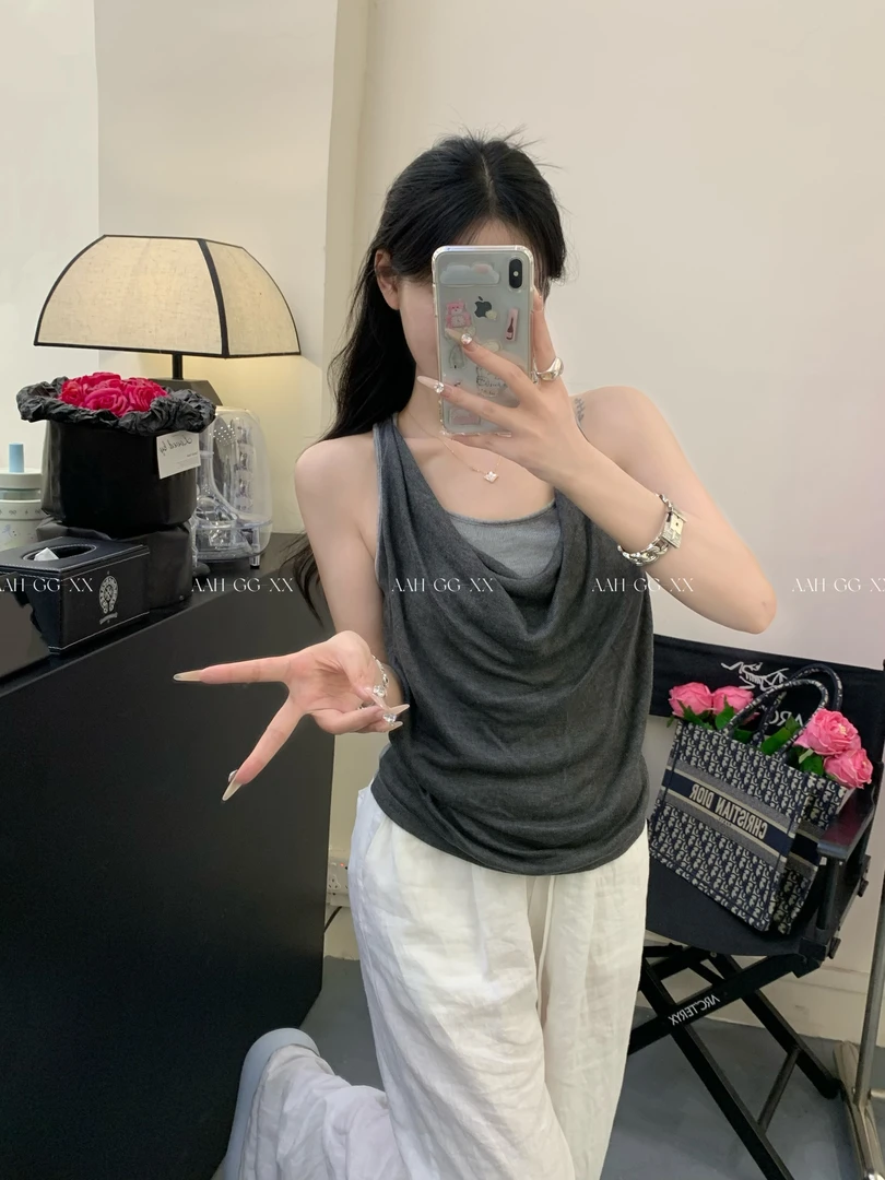 XX【Chic】假两件灰色荡领修身型收腰时尚韩版设计感工字背心吊带