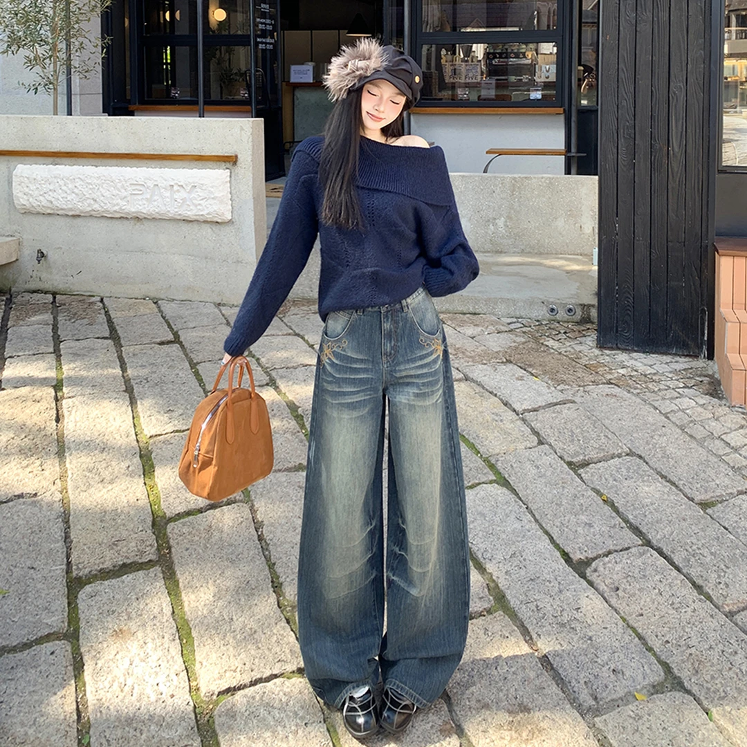 GL 刺绣设计感褶皱纹理美式复古水洗做旧百搭宽松舒适阔腿长裤