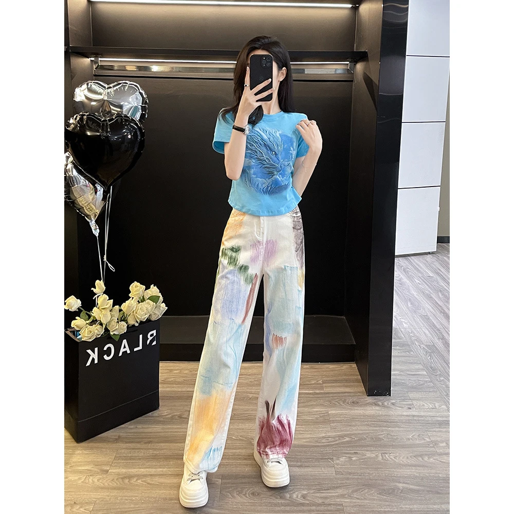 新款湖蓝白色个性涂鸦高腰阔腿牛仔裤棉质短袖两件套日韩休闲风女