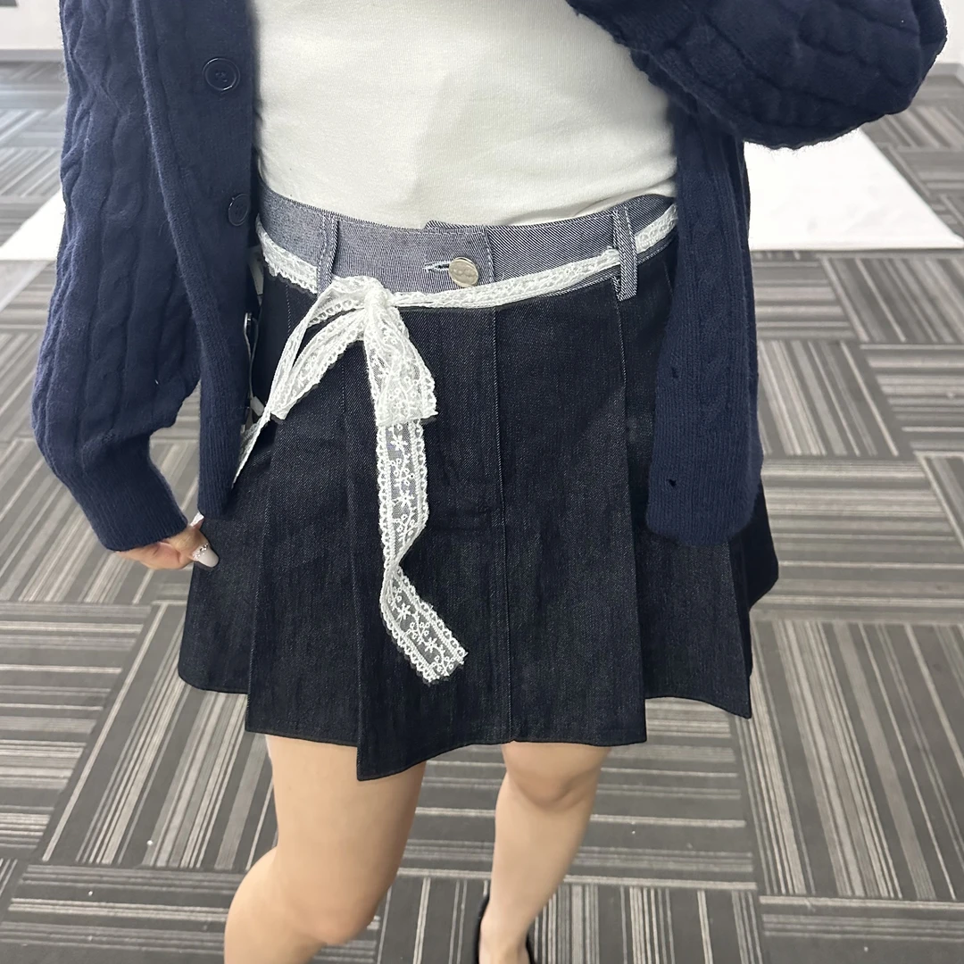 【遮胯】时尚蕾丝腰带牛仔百褶裙短裙女春季新款韩版高腰拼接A字