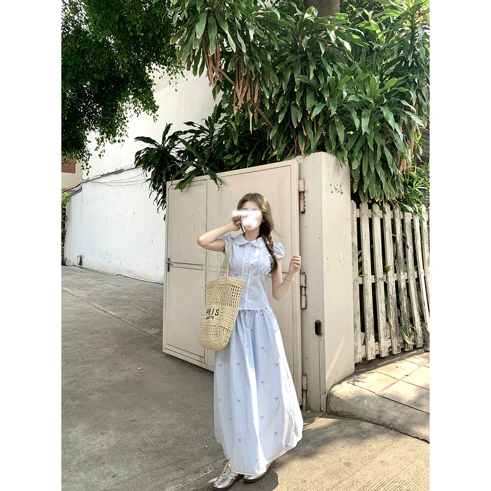 航海日记 夏季蓝色条纹娃娃领短袖T恤衬衫+条纹长款半身裙套装女