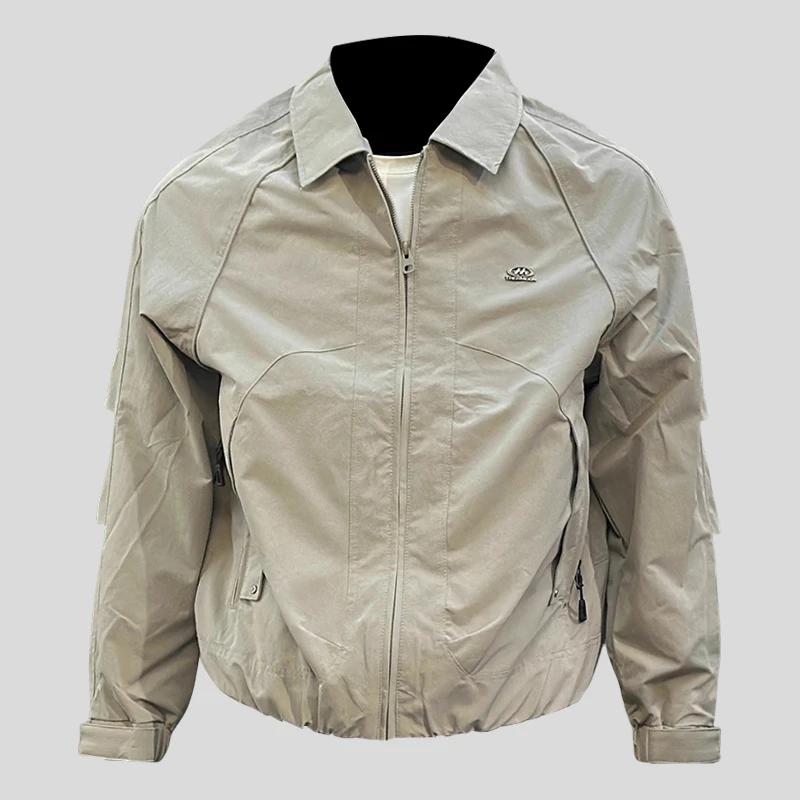 ohmmayby美式翻领纯色工装夹克男秋季简约休闲外套复古落肩上衣潮