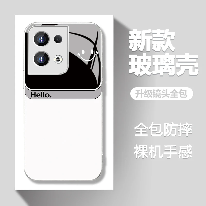 适用于【OPPO】Reno8简约hello笑脸创意流行男女新款玻璃壳