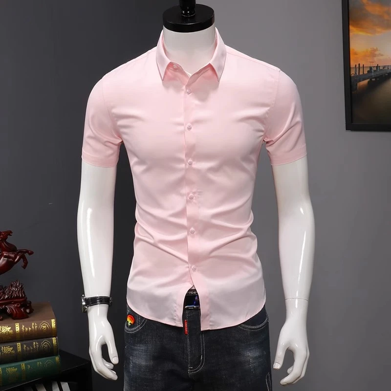 莱蒙璀冰丝衬衫男士短袖夏季薄款修身免烫商务衬衣纯色休闲上衣男