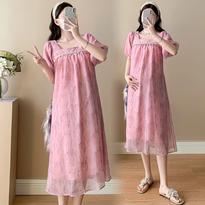 时尚宽松大码2025夏季新品孕妇装中长款连衣裙外穿气质显瘦