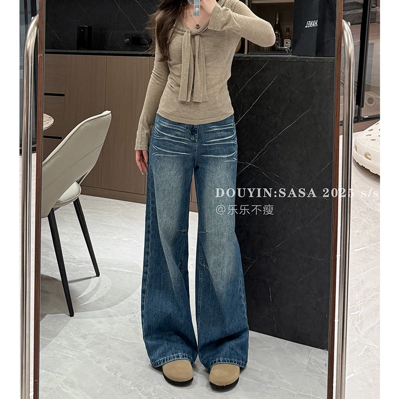 美式水洗2025春季新款牛仔裤女高腰宽松显瘦直筒阔腿遮跨设计感