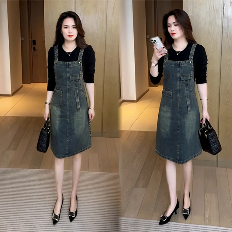 春季新款穿搭显瘦假两件拼接洋气减龄牛仔连衣裙气质时尚春秋