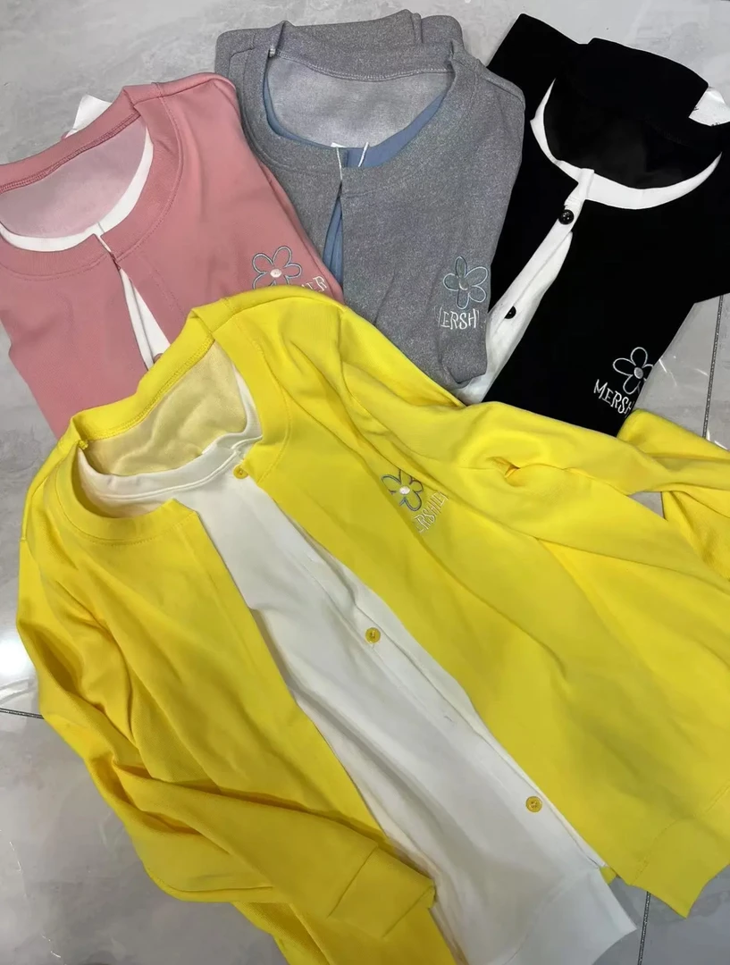 撞色假两件刺绣花朵大码T恤开衫春季高级感休闲洋气长袖打底上衣