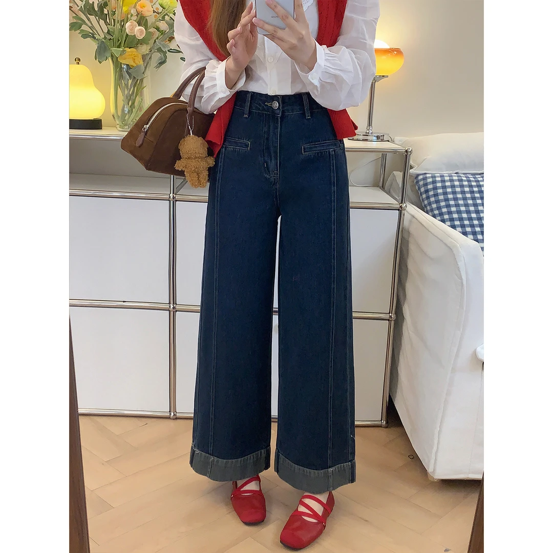 丹宁风撞色折边九分阔腿裤秋季新款梨形身材高腰显瘦弹力牛仔裤