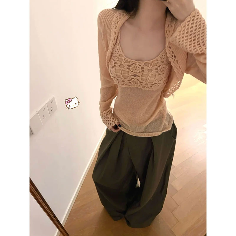 2025年夏季新款ins辣妹镂空长袖针织开衫内搭吊带背心配阔腿裤女