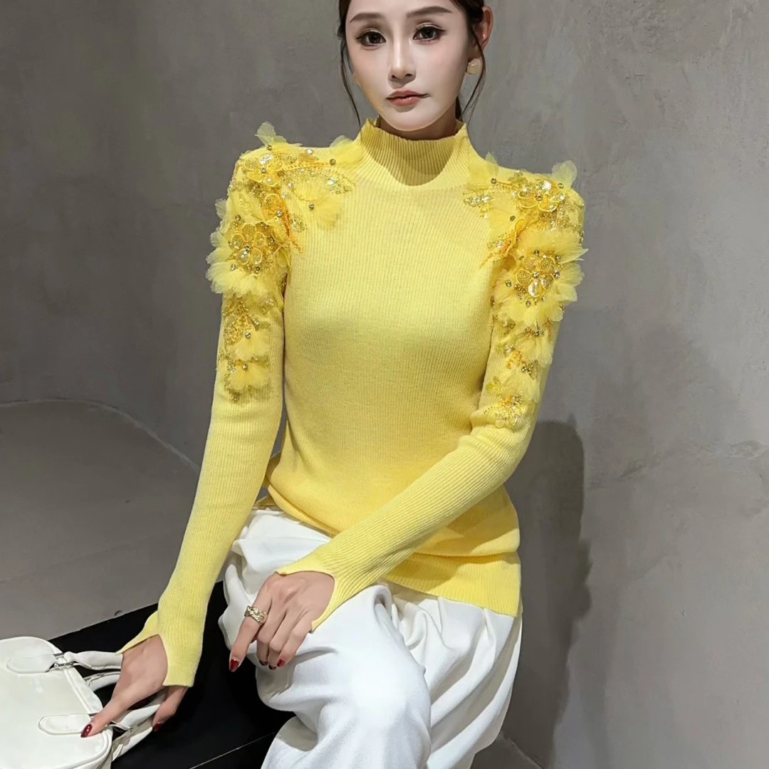 淑雅阁服饰  拼接毛衣蕾丝落肩袖吸汗网红套头针织圆领8136