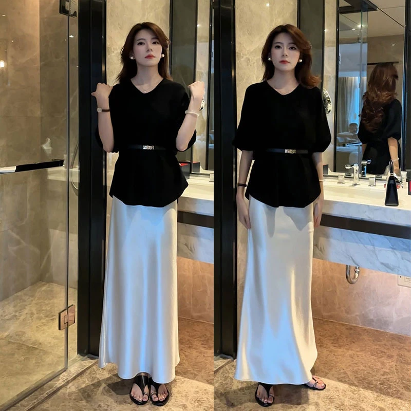 早秋韩版松弛感V领中分袖配腰带显瘦上衣+缎面垂感百搭半身裙套装