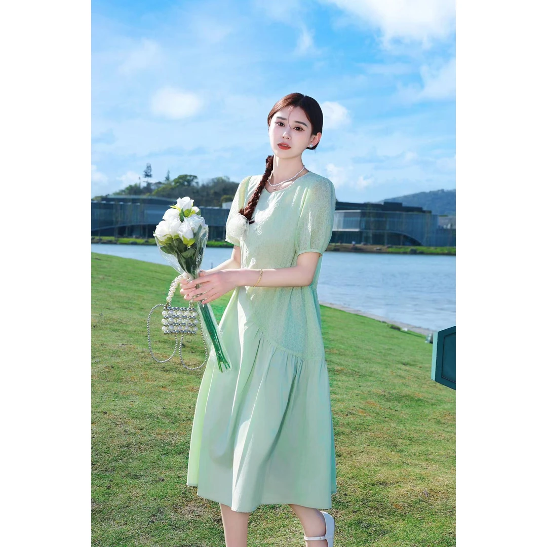 泡泡袖洋气夏季法式大摆裙连衣裙V领长裙A字裙女装