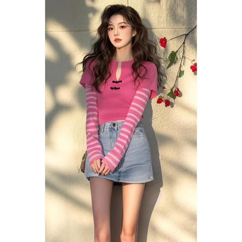 2025夏季韩式新款设计感玫红色条纹长袖T恤女假两件百搭短款上衣