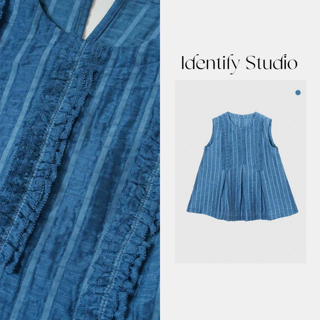 IDENTIFY"蓝调条纹"夏季新款时尚休闲花边压褶无袖圆领马甲25SS