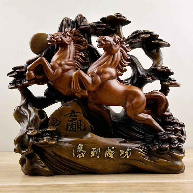 马摆件树脂仿檀木马到成功双赢摆件 创意办公桌生肖马摆件