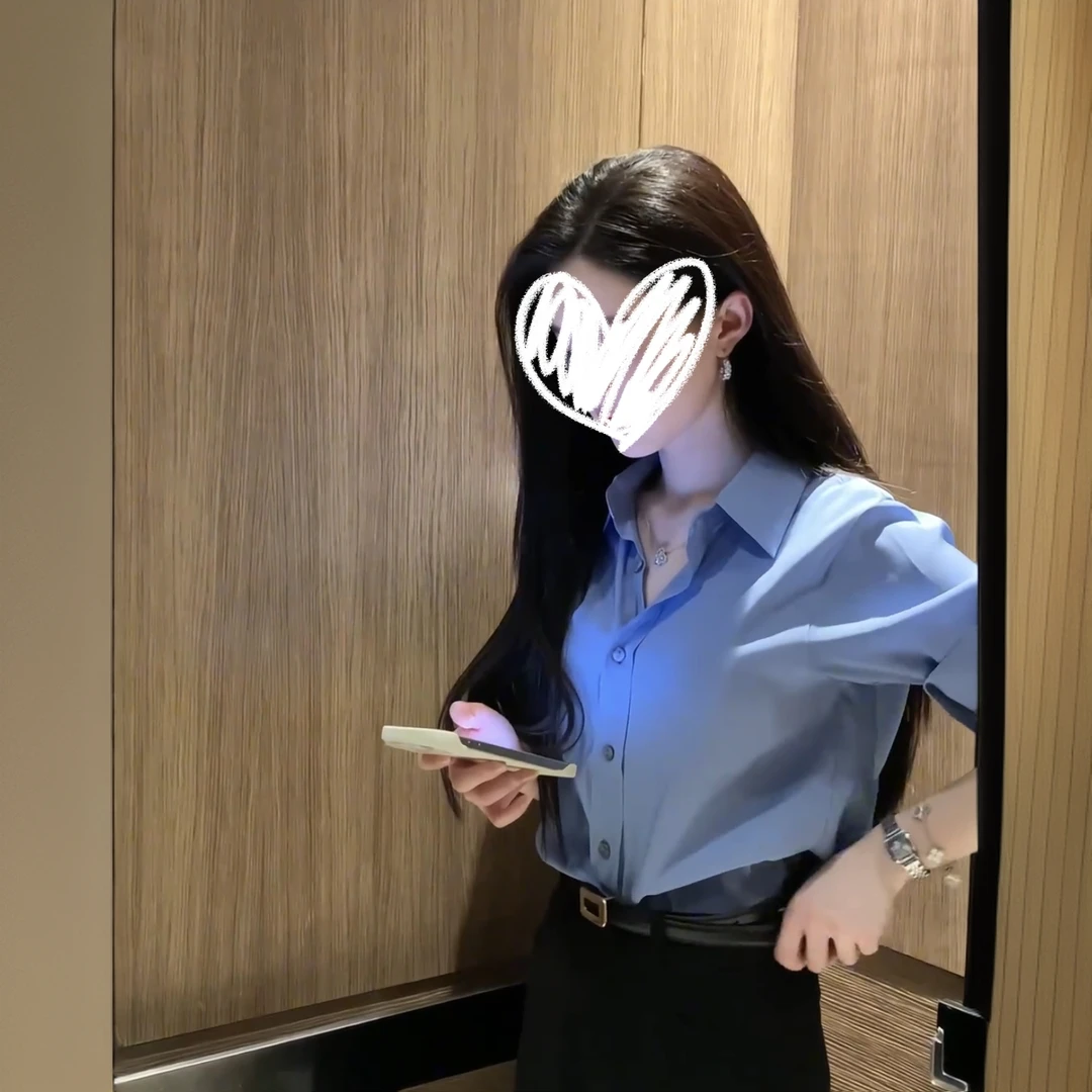 高级感蓝色长袖衬衫女慵懒宽松显瘦上衣显瘦遮肉减龄百搭长裤套装