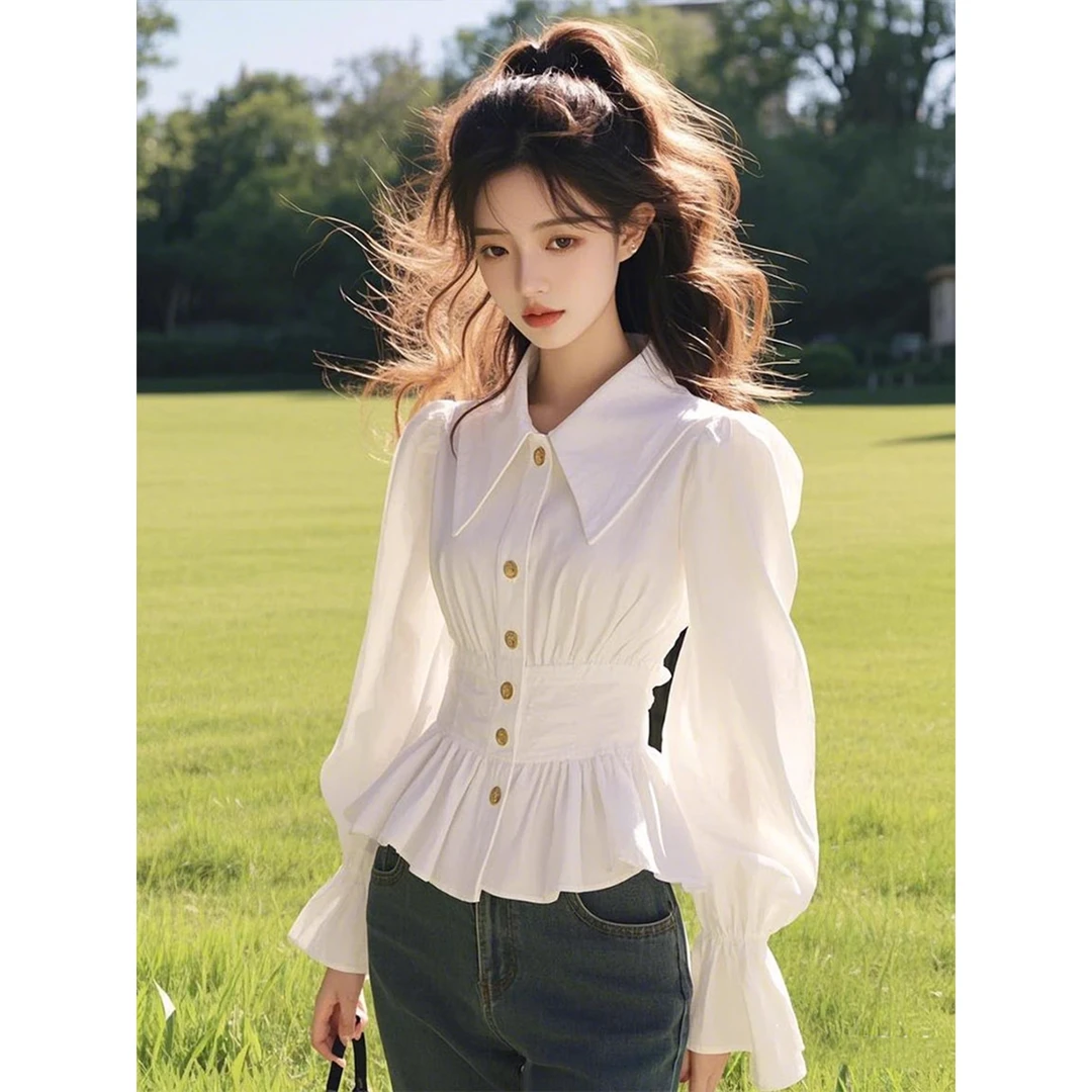 法式小香风白色polo收腰长袖衬衫女早春季2025新款超好看独特漂亮