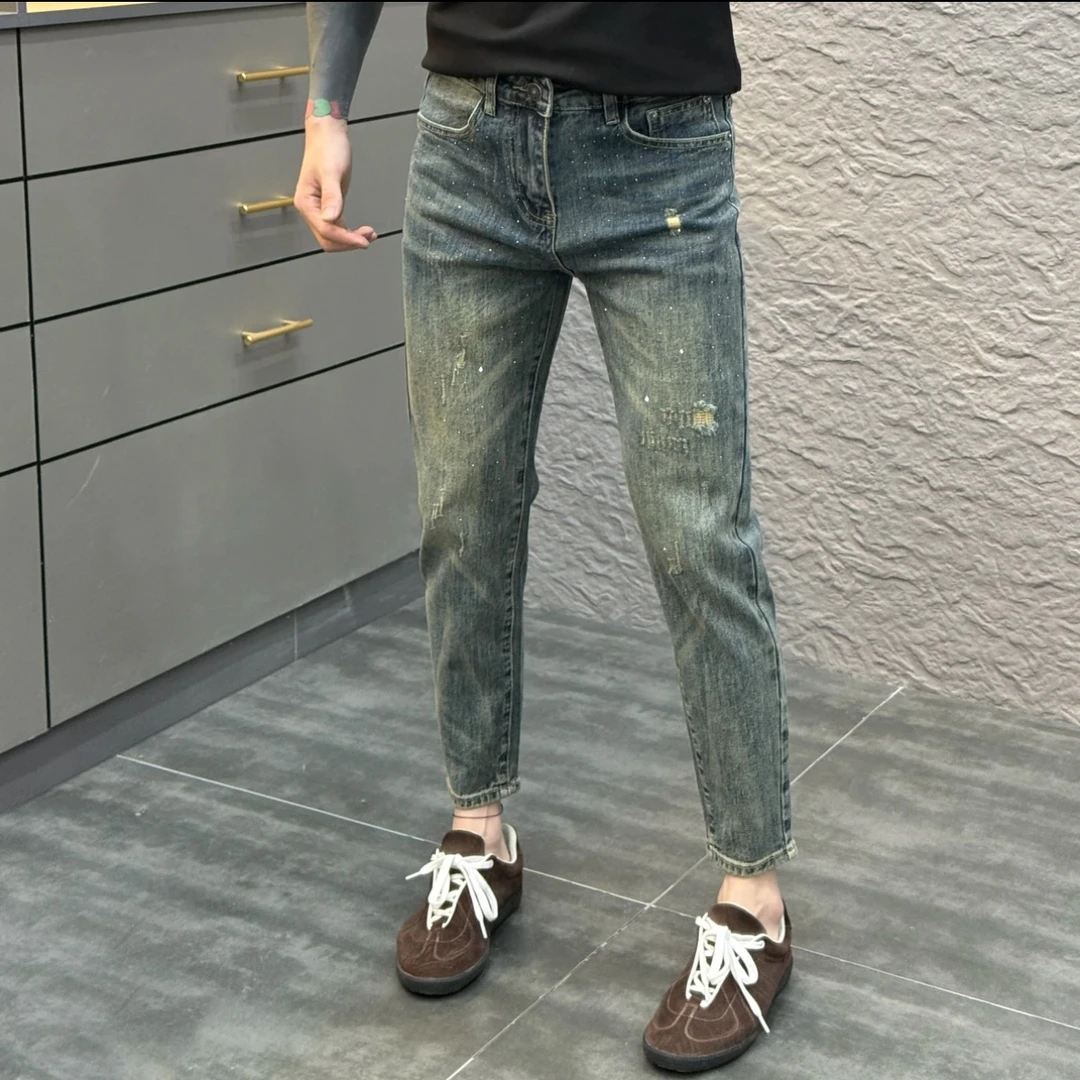 2025春季新款时尚轻奢休闲百搭复古做旧亮钻小脚牛仔裤长裤
