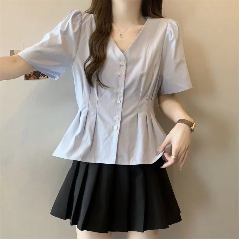 法式V领蓝色短袖衬衫女夏新款大码胖mm收腰娃娃衫高级感气质上衣