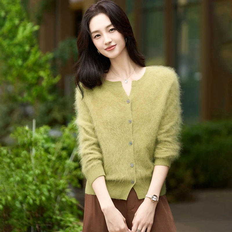 羊毛拉绒小V领针织开衫加厚女羊绒外套长袖毛衣百搭短款轻奢上衣