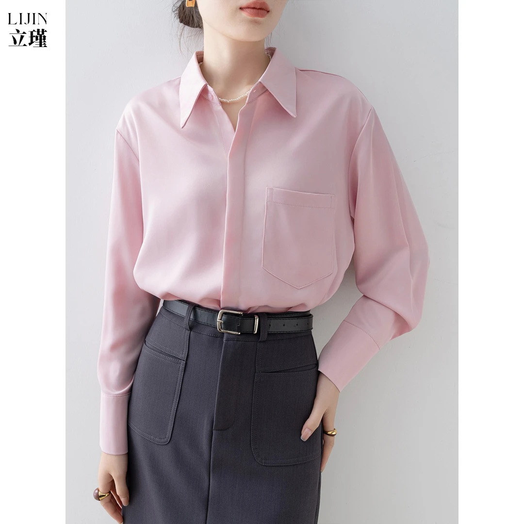 气质女士衬衫2025早秋新款法式Polo领缎面粉红色衬衣宽松长袖上衣