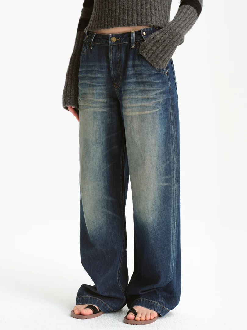 SMIIILE手工擦磨复古蓝洗水猫须阔腿直筒牛仔裤