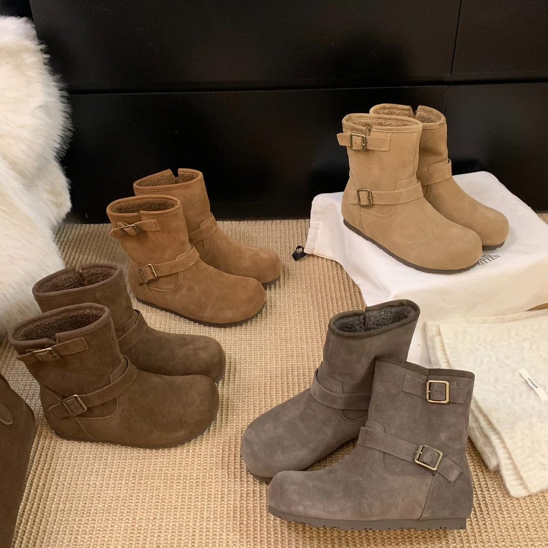 A578-3真皮复古皮带扣圆头加绒勃肯靴女厚底保暖雪地靴