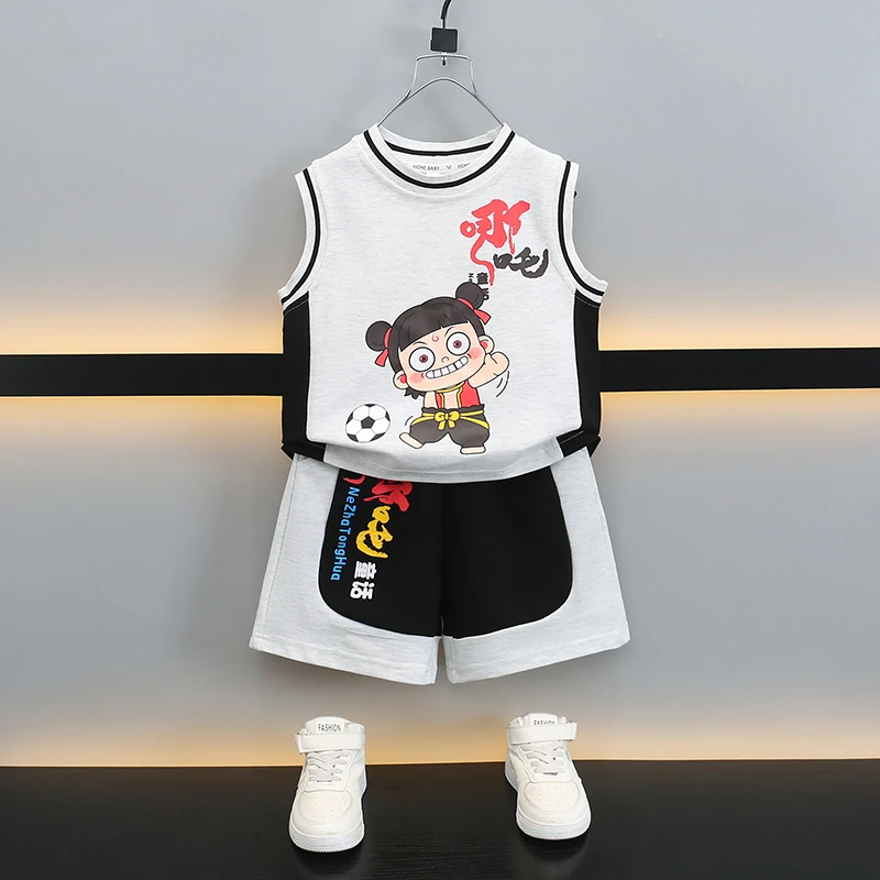 男童夏套装2025新款洋气儿童薄款夏季无袖背心帅气男宝宝哪吒衣服