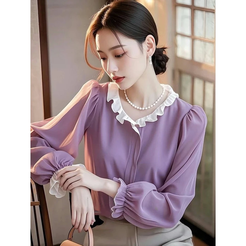 2025超好看的气质设计感小众独特别致通勤风紫色长袖衬衫上衣女春