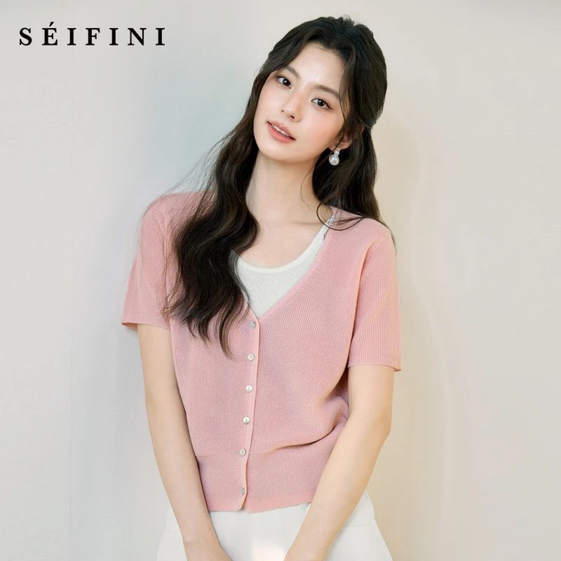 诗凡黎v领撞色假两件针织开衫2025夏新款时尚显瘦上衣女7G4231871