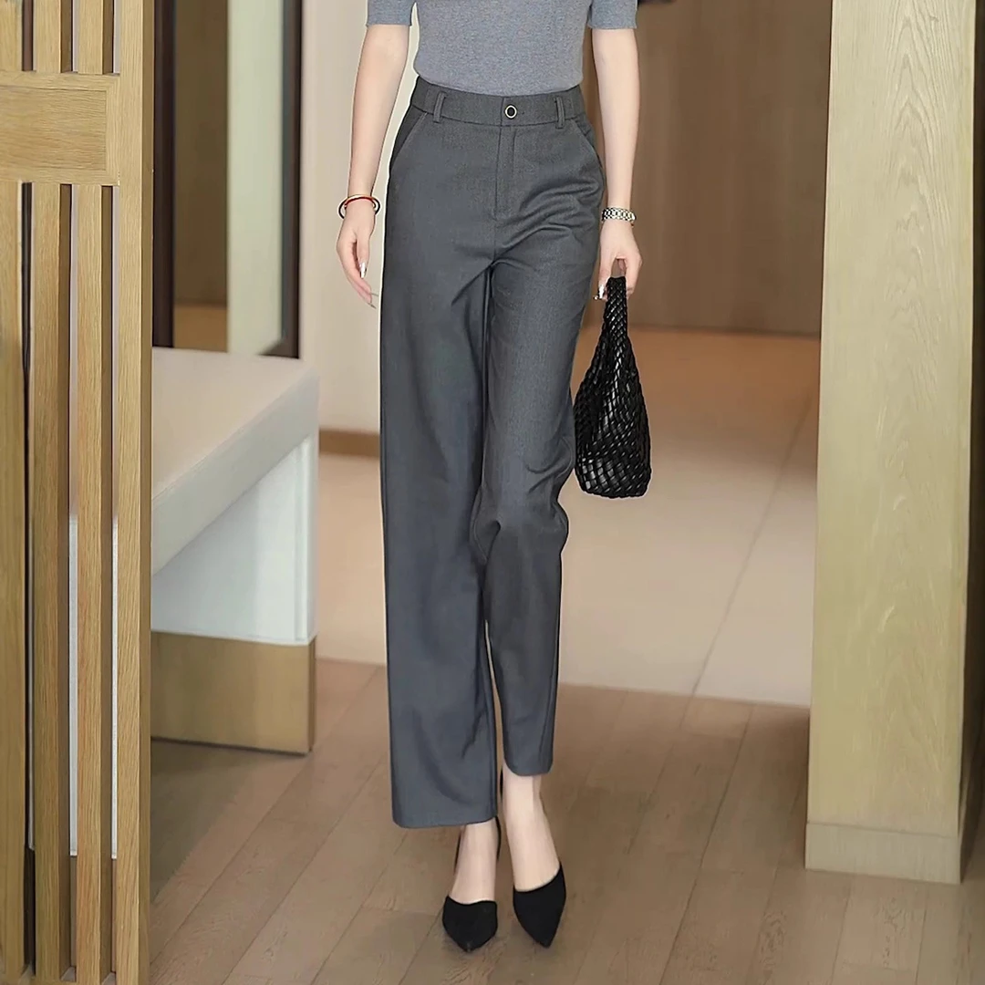 老钱风裤子灰色西装裤女秋冬2025新款高腰窄版宽松显瘦休闲直筒裤