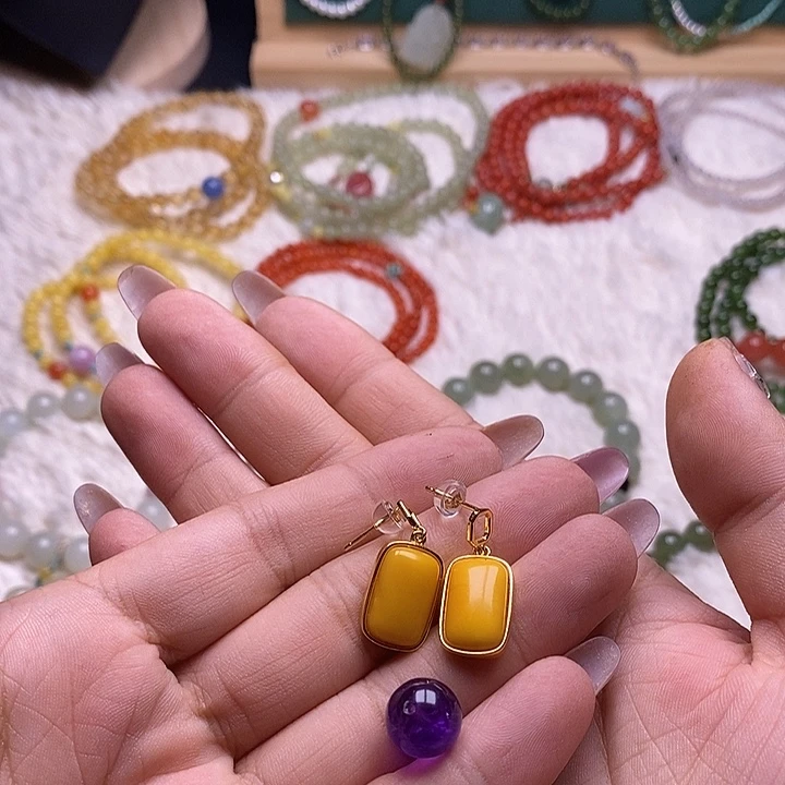 琥珀银S925镀金镶嵌耳饰蜜蜡老蜡耳钉