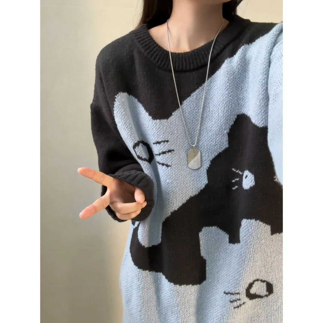 学院风毛衣男秋冬季撞色猫咪针织衫男宽松慵懒风帅气青少年上衣服