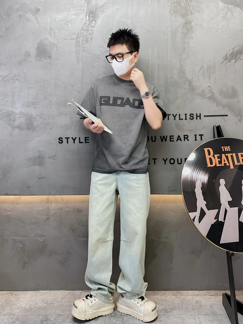 烫钻潮流美式字母短袖T恤水洗男士纯色做旧圆领夏季