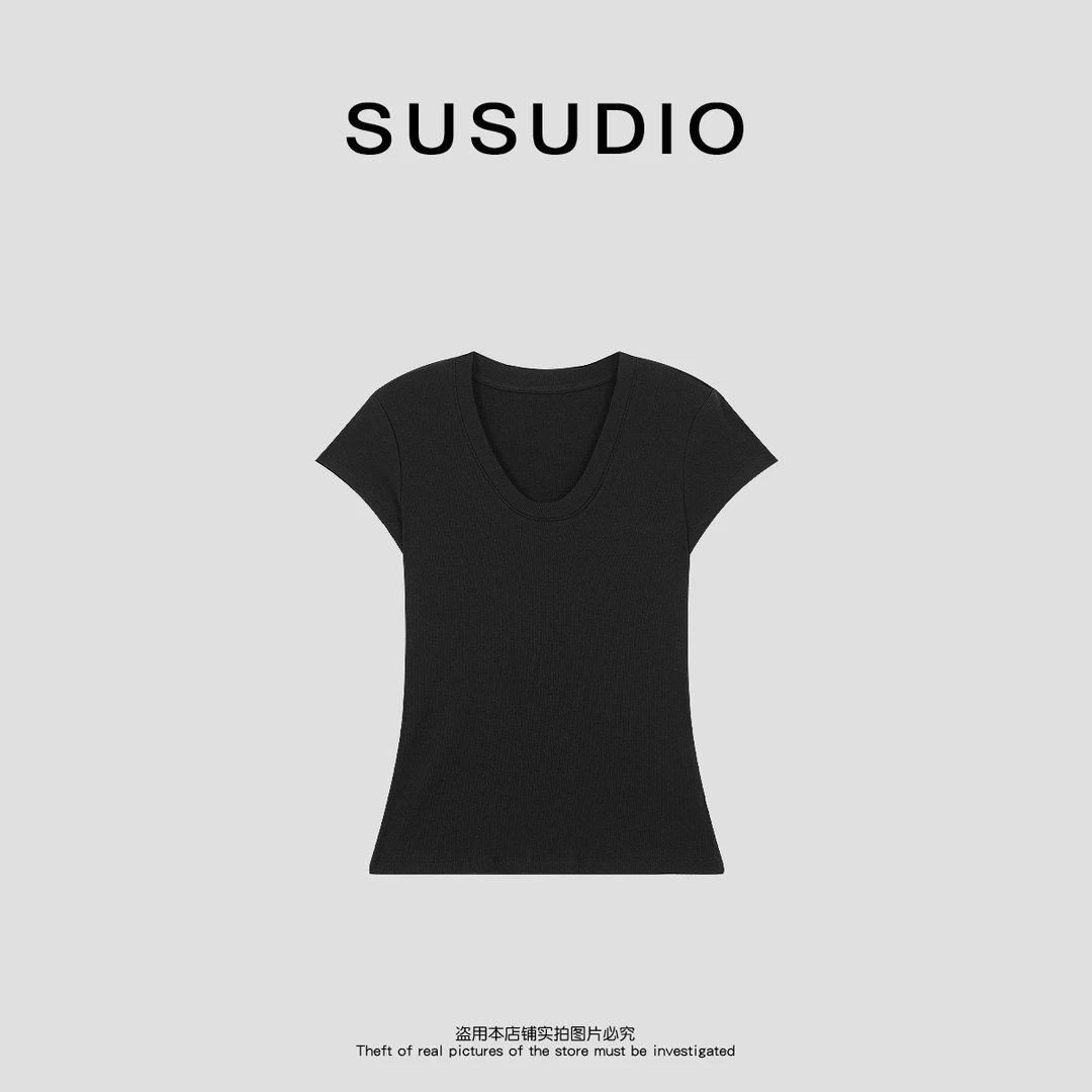 SUSUDIO 夏季纯色简约水滴领百搭小飞袖显瘦打底衫短袖T恤 10338