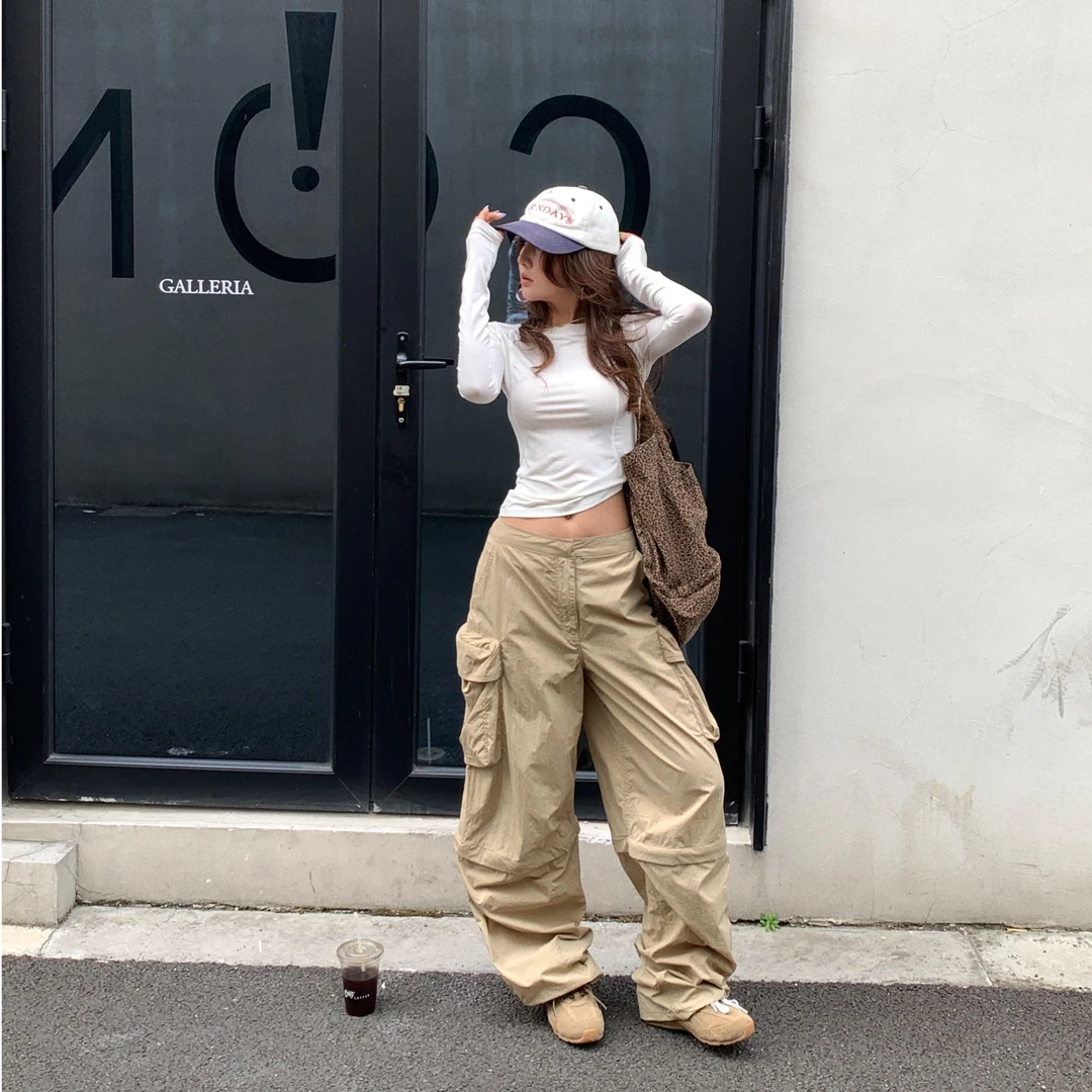 美式辣妹正肩长袖T恤2025夏季设计感修身显瘦休闲工装裤两件套