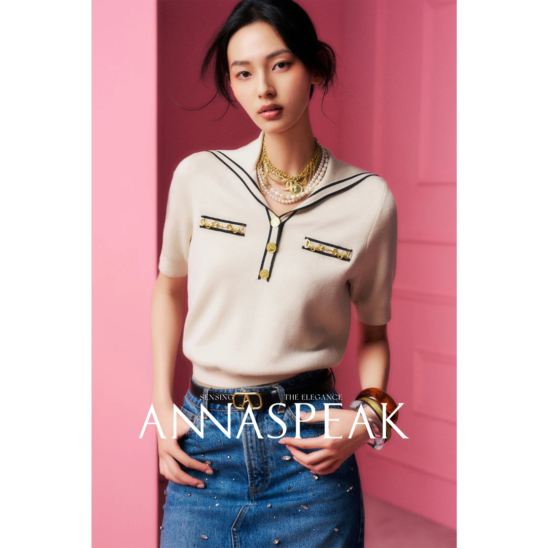 ANNASPEAK优雅学院风金丝线撞色描边凉感莱塞尔海军领针织衫夏季