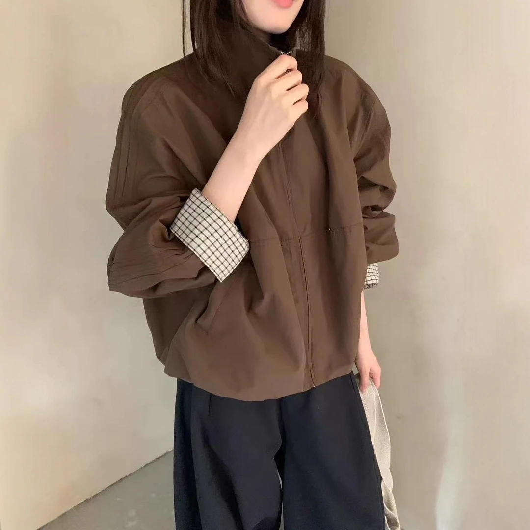 2025秋款！韩版气质百搭格子卷边袖设计立领冲锋衣女夹克短外套