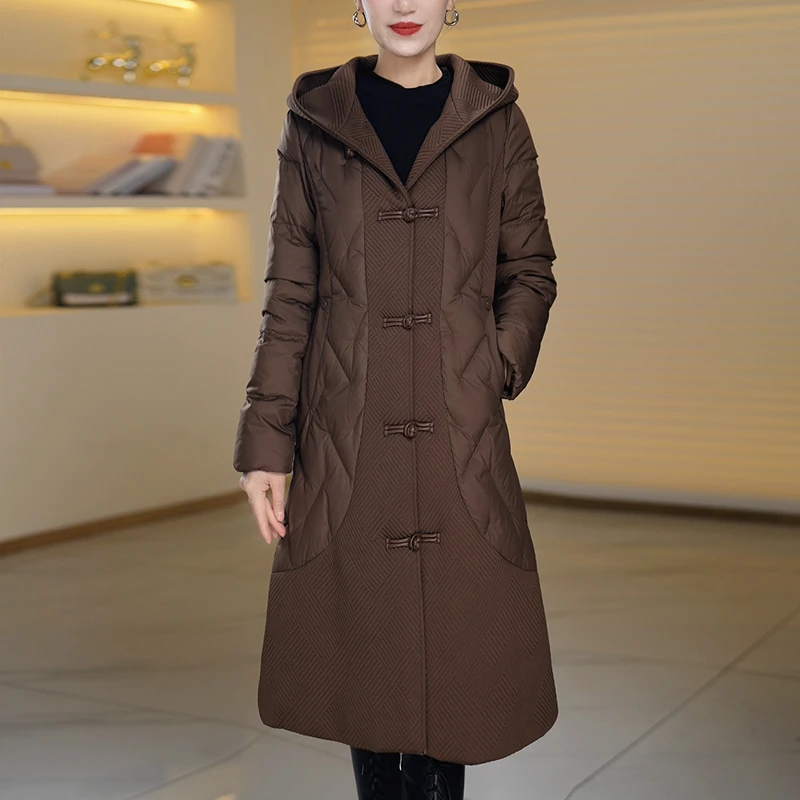 高端上档次白鸭绒保暖羽绒服女2024气质国风盘扣显瘦长款冬装外套