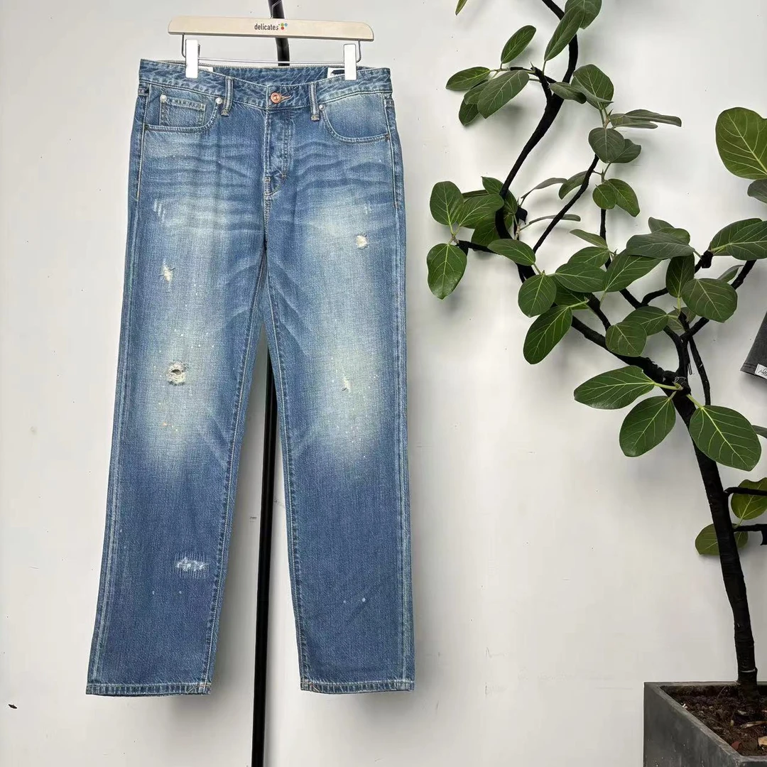 O-21 潮牌新款水洗破洞蓝色时尚直筒牛仔裤 41600