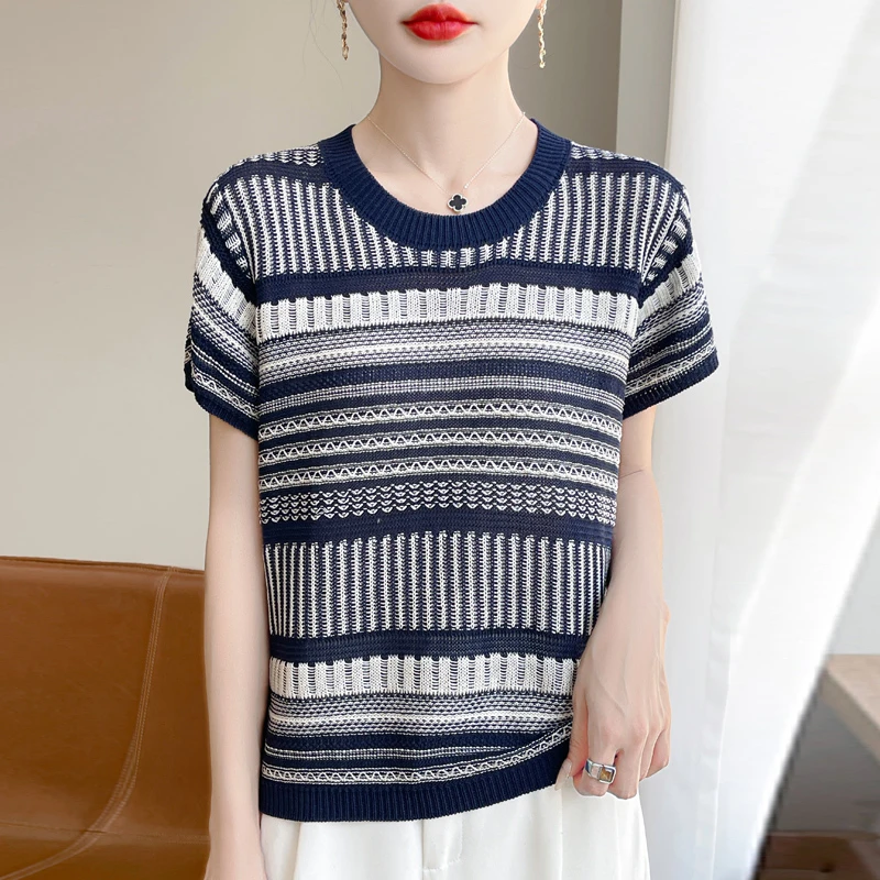 圆领拼色天丝苎麻针织短袖T恤薄女夏季复古镂空宽松提花半袖小衫