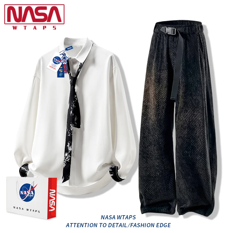 NASA WTAPS冰丝长袖衬衣套装男款夏季透气宽松休闲长裤衬衫两件套