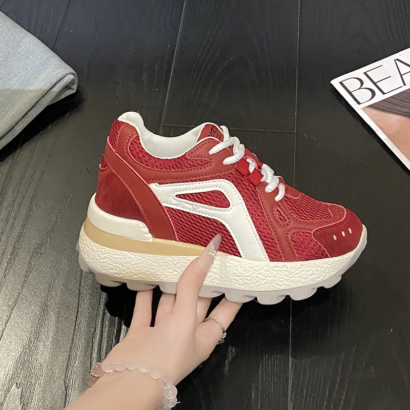 厚底增高8CM老爹鞋女2025爆款透气网面休闲运动鞋百搭德训鞋